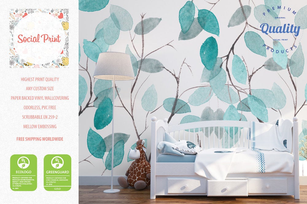 Turquoise Watercolor Leafs Wallpaper, Soft and Elegant Wall Murals