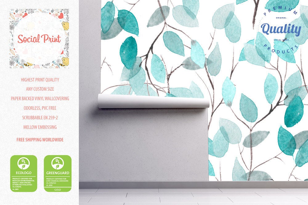 Turquoise Watercolor Leafs Wallpaper, Soft and Elegant Wall Murals