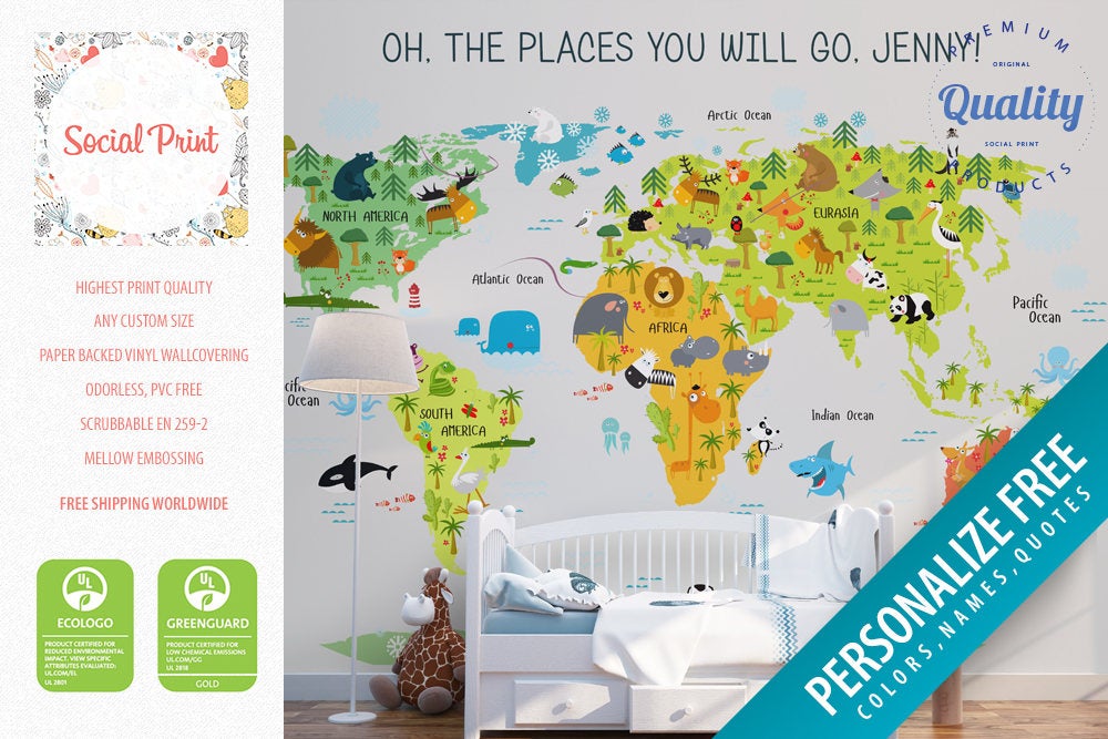 Personalized Nursery Animal World Map Wallpaper, Kids Room Wallpaper