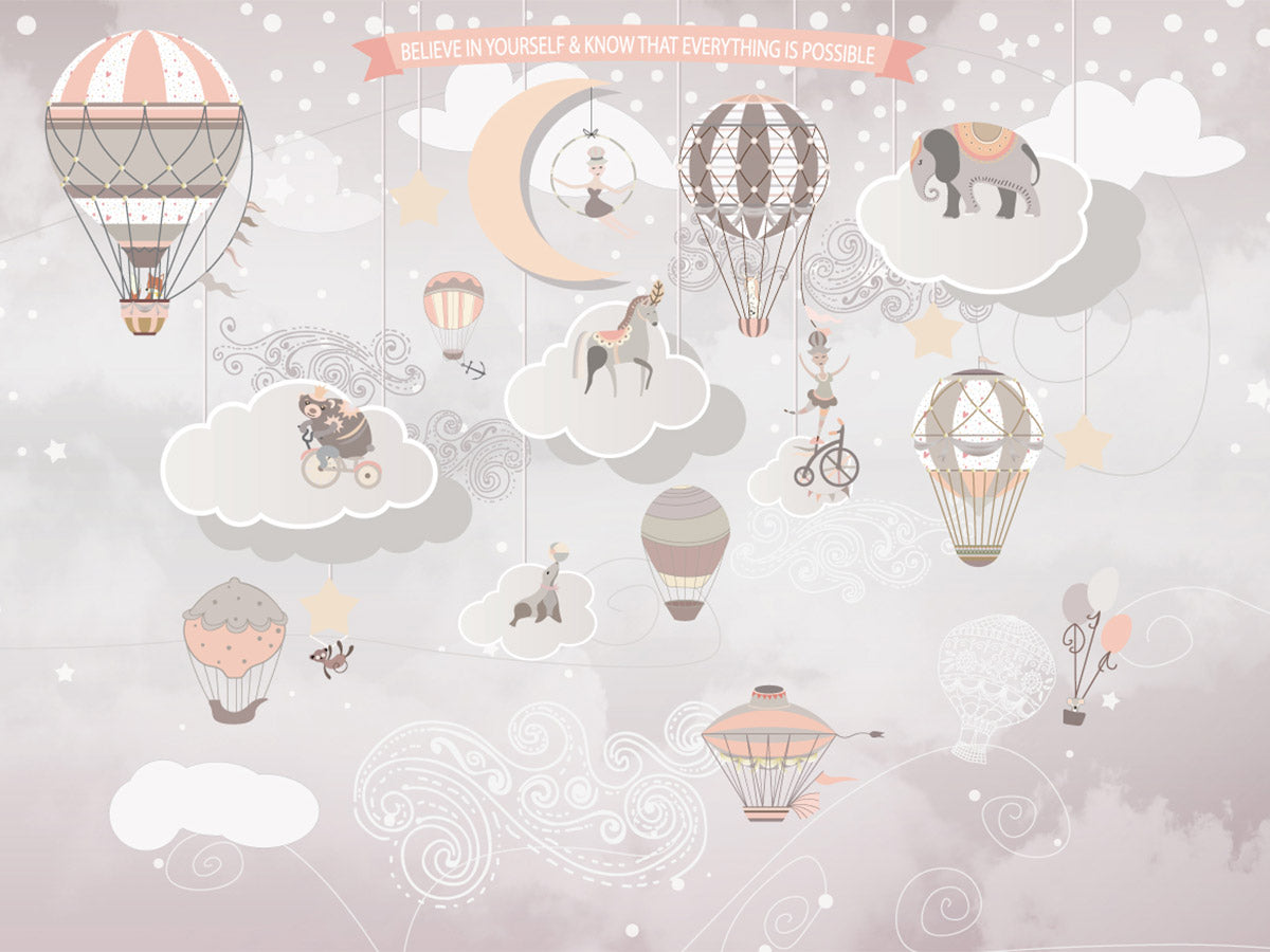 Kids Room Wallpaper with Hot Air Balloons & Circus Characters, Animals, Clouds, Wind