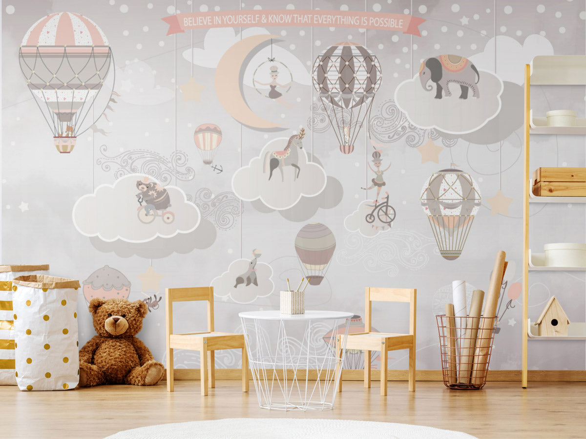 Kids Room Wallpaper with Hot Air Balloons & Circus Characters, Animals, Clouds, Wind