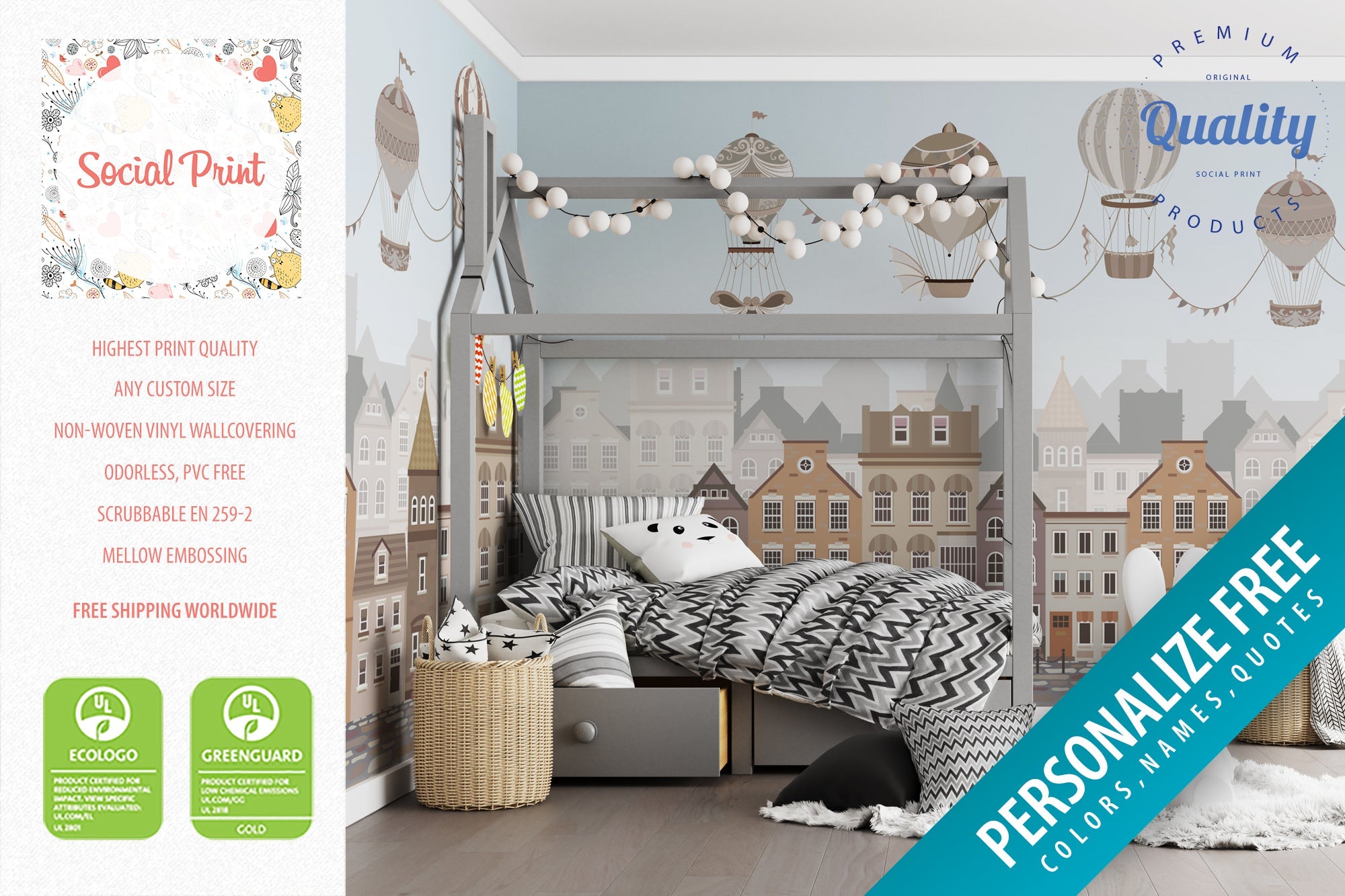 Vintage Houses City Wallpaper with Hot Air Balloons for Nursery, Kids Room Wallpaper