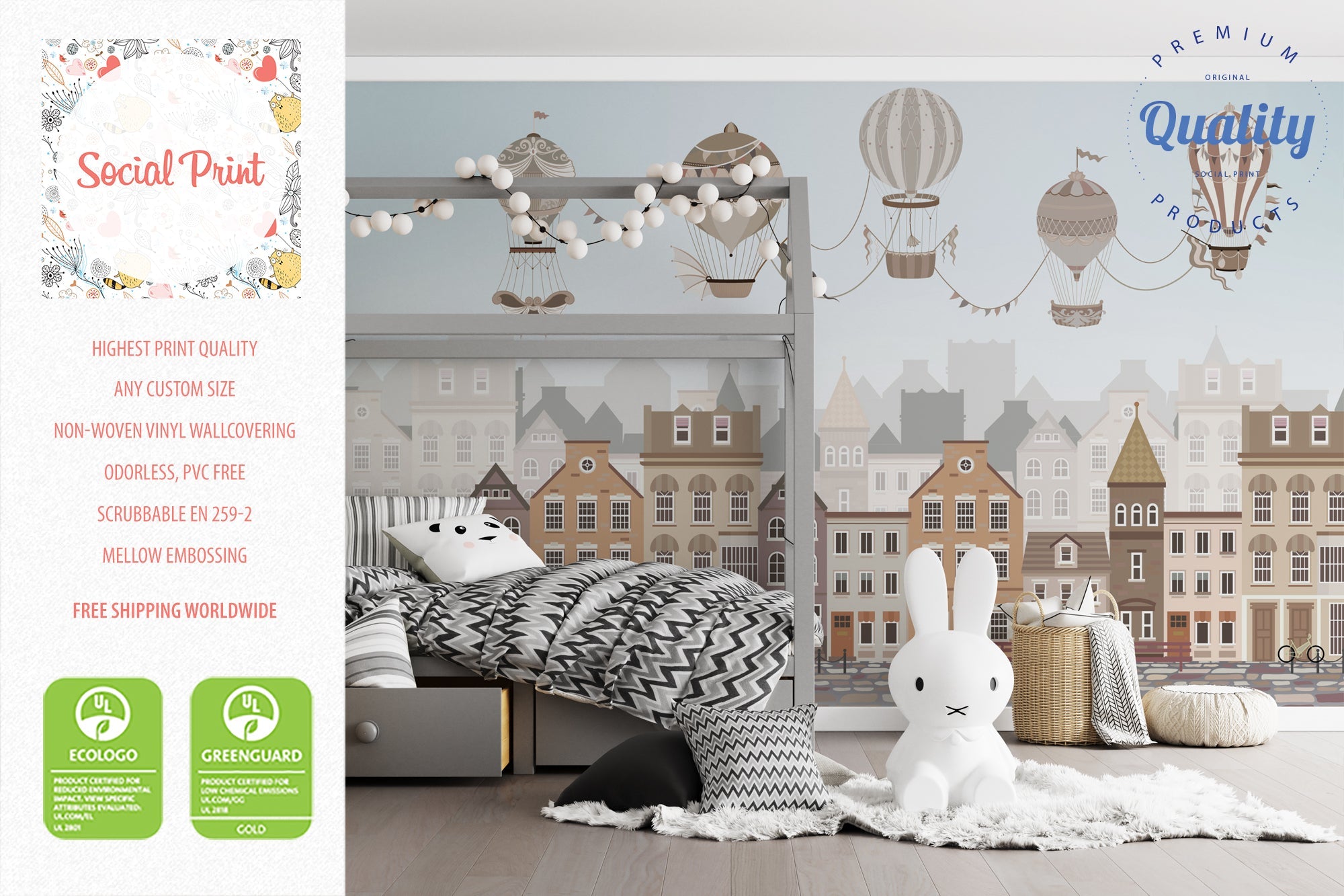 Vintage Houses City Wallpaper with Hot Air Balloons for Nursery, Kids Room Wallpaper