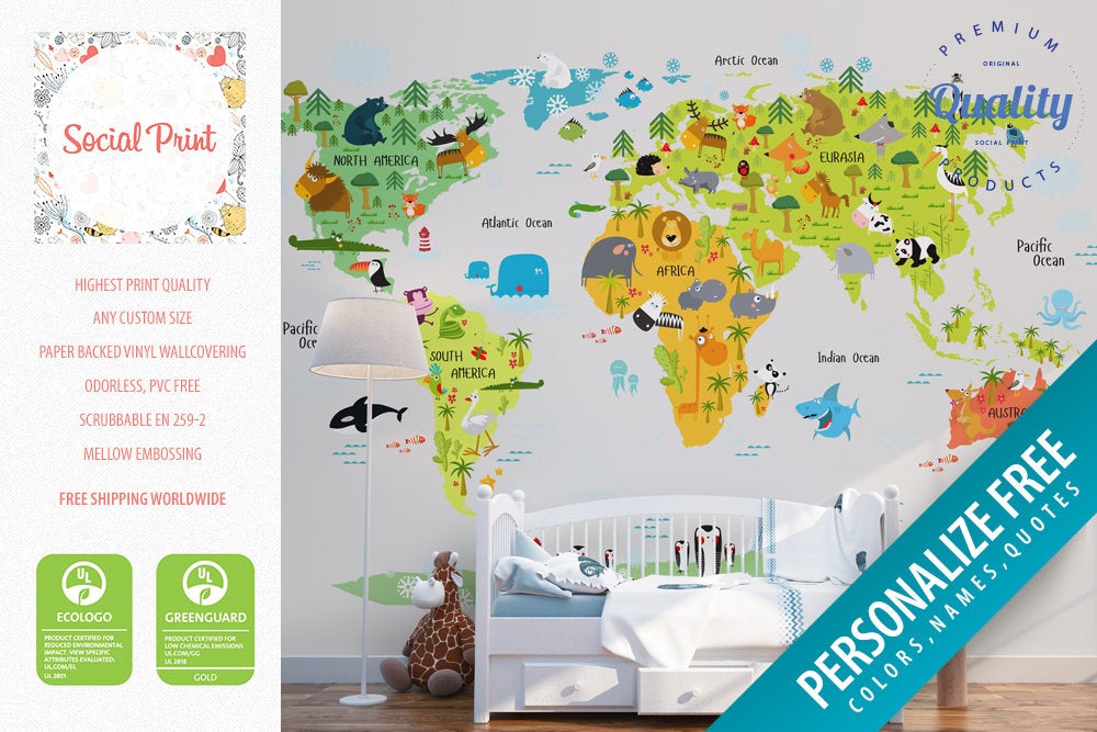 Personalized Nursery Animal World Map Wallpaper, Kids Room Wallpaper