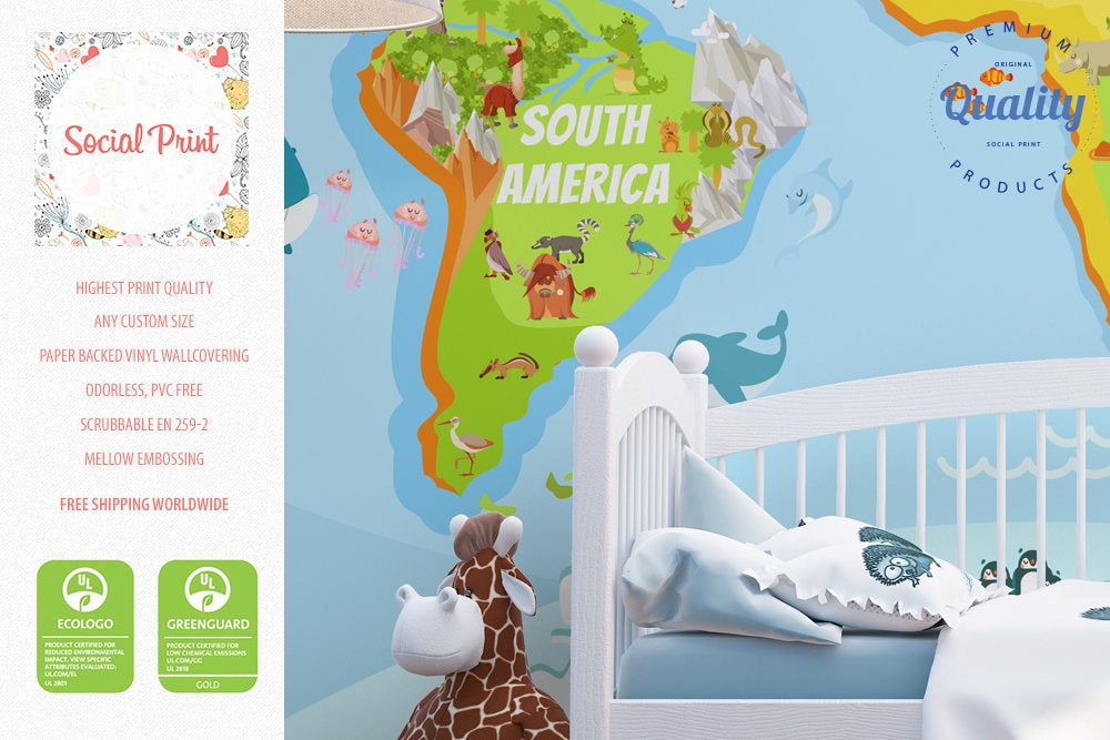 Nursery Wallpaper Fun Educational World Map, Kids Room Wallpaper