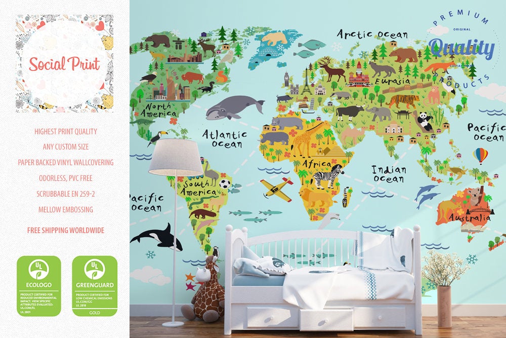 World Map Wallpaper with Animals, Landmarks and Sights