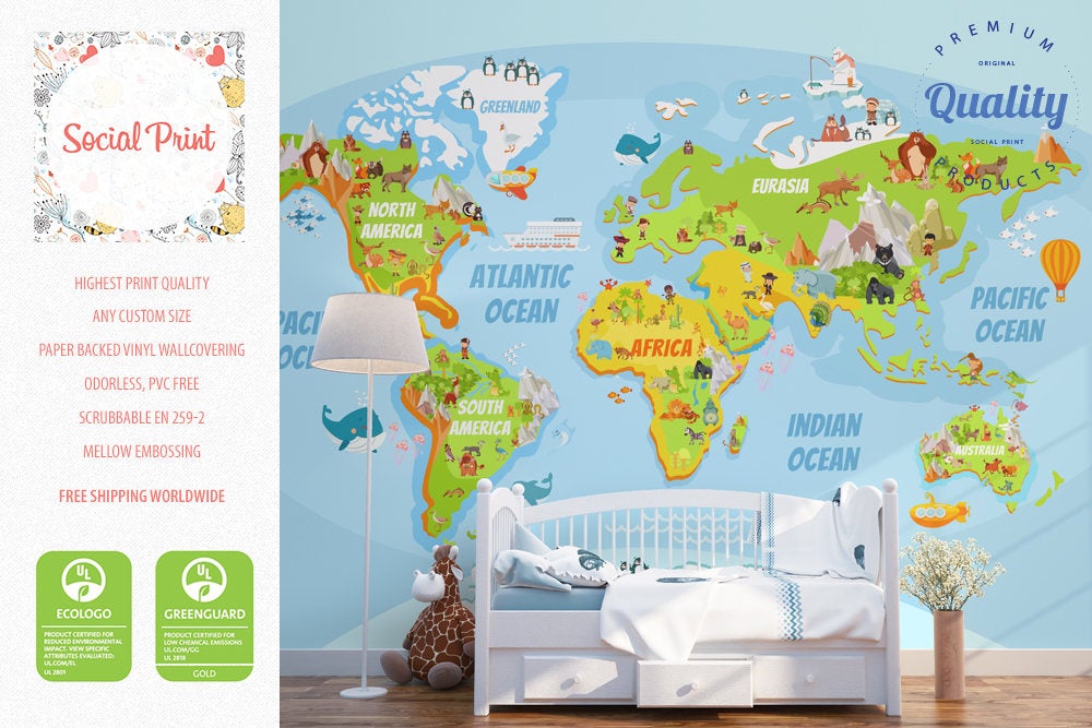 Nursery Wallpaper Fun Educational World Map, Kids Room Wallpaper