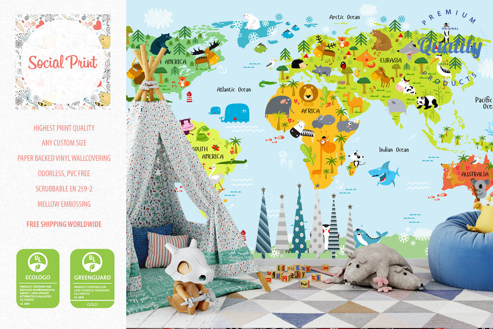 Nursery Animal World Map Wallpaper Blue, Kids Room Wallpaper