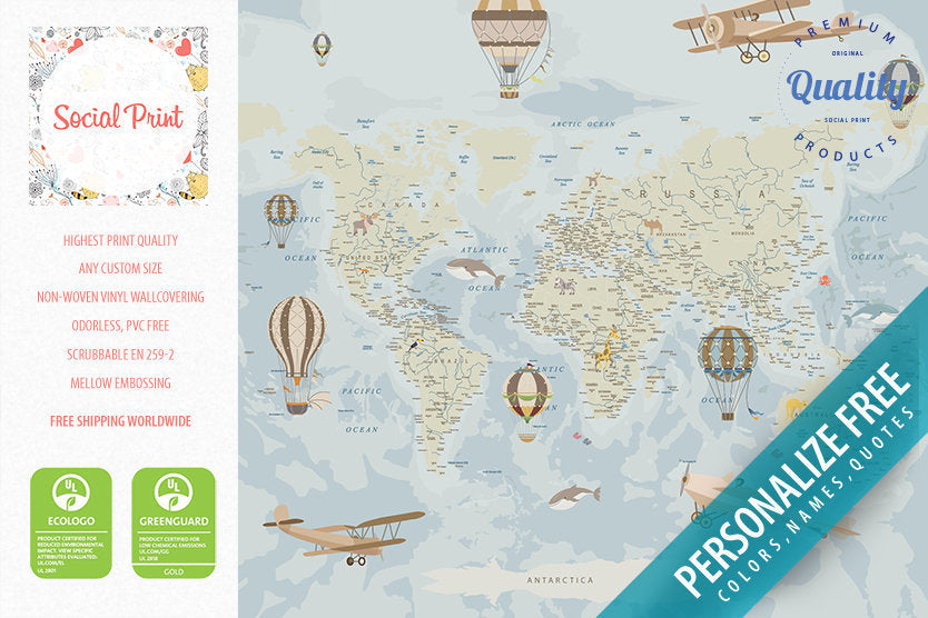 Boys Nursery World Map Wallpaper with Hot Air Balloons, Animals and Planes