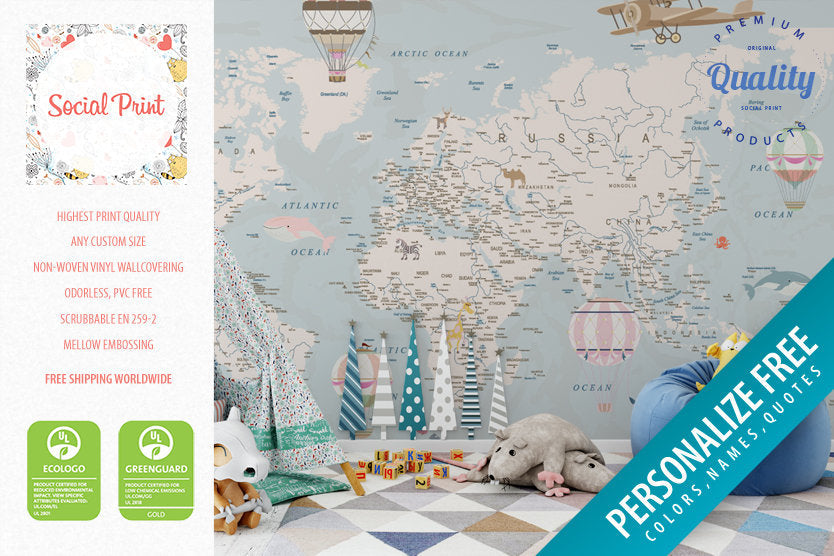 Girls Nursery World Map Wallpaper with Hot Air Balloons Animals, Planes, Cities