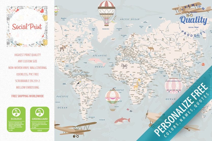 Girls Nursery World Map Wallpaper with Hot Air Balloons Animals, Planes, Cities