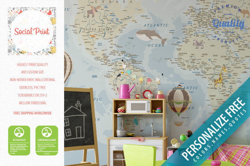 Boys Nursery World Map Wallpaper with Hot Air Balloons, Animals and Planes